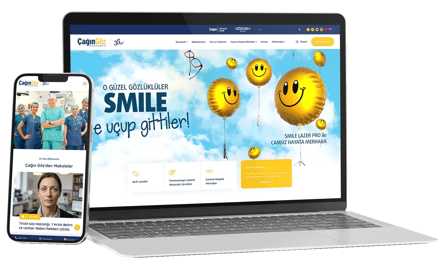 Çağın Göz Hastanesi web sitesi, dizüstü ve telefon ekranında: SMILE kampanyası ana sayfası