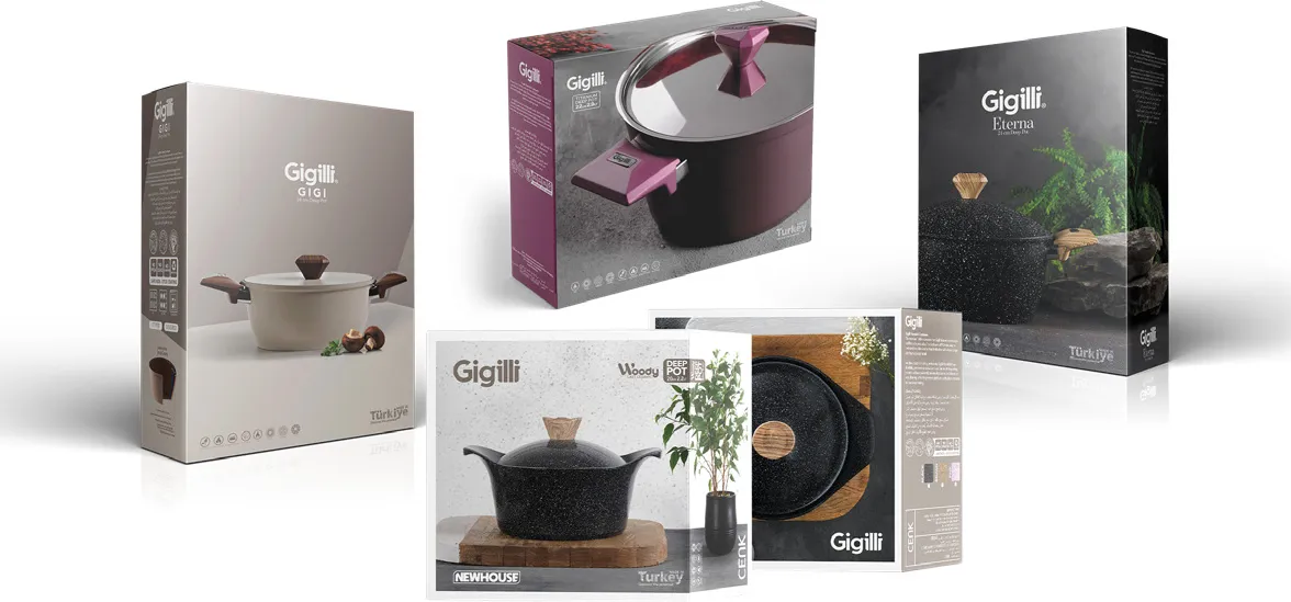 Gigilli ambalaj tasarımları: Gigi, Woody, Eterna ve mor seri kutuları