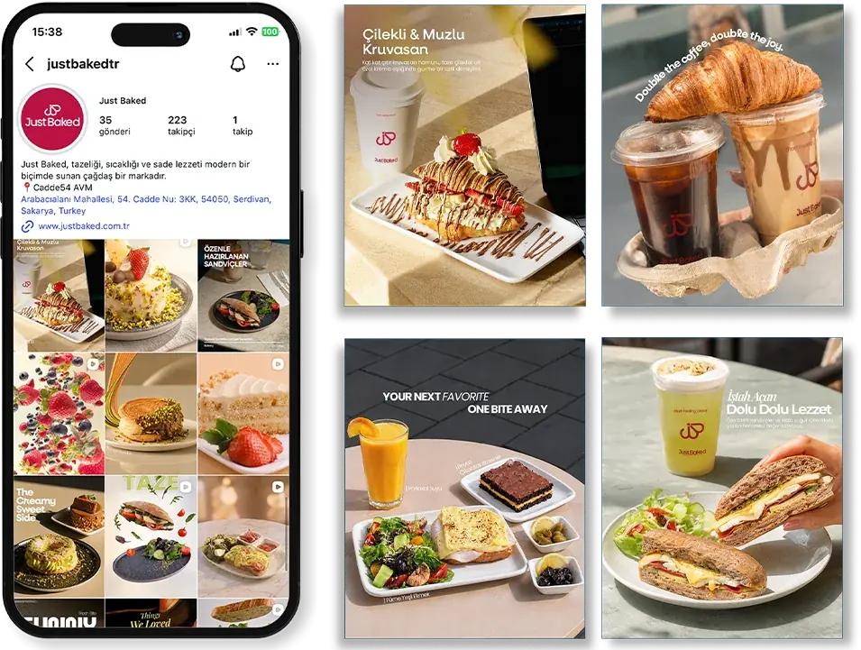 Just Baked Instagram profili telefon ekranında ve dört sosyal medya gönderisi