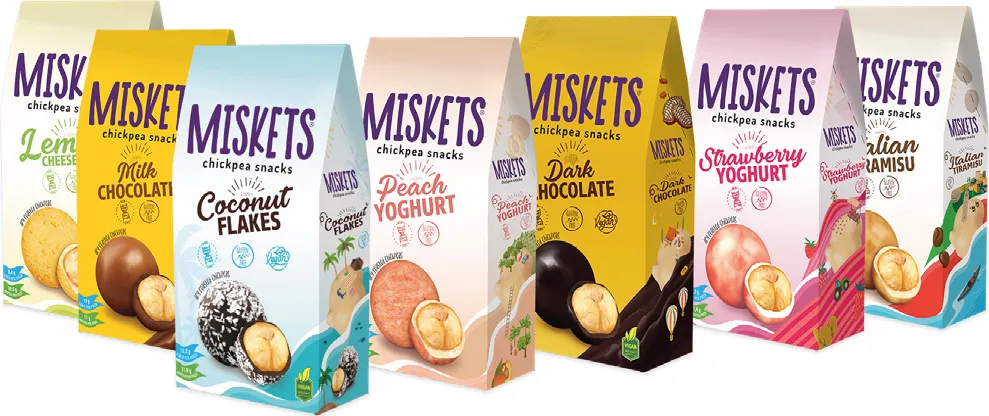 Miskets ürün ailesi konsept kutuları: Lemon, Milk Chocolate, Coconut, Peach, Dark Chocolate, Strawberry, Tiramisu