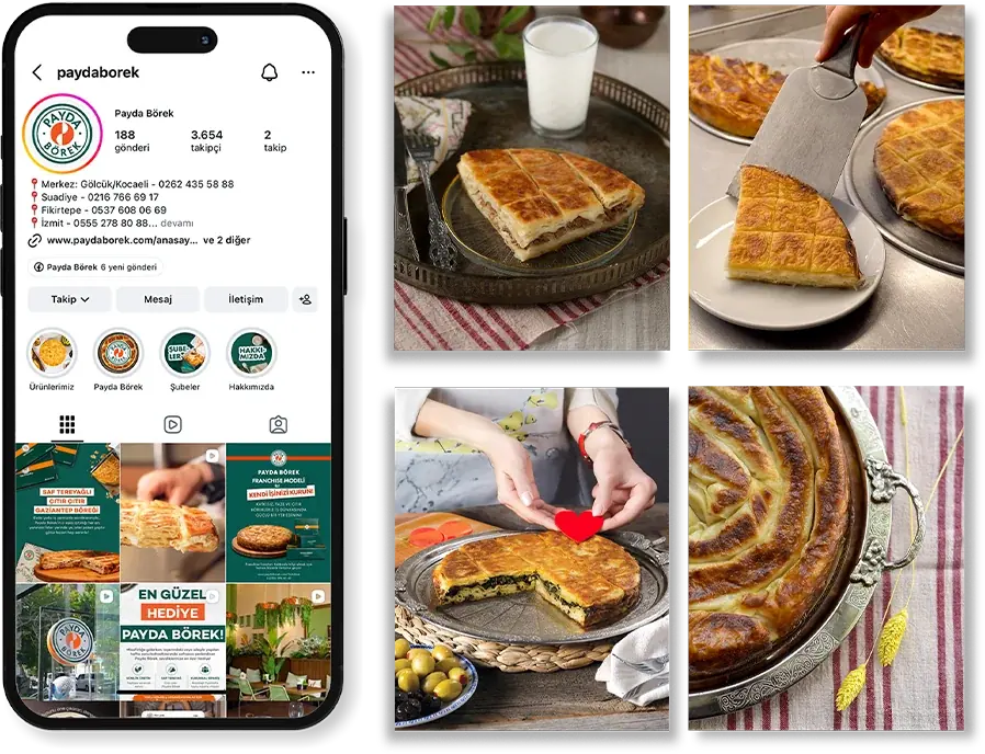 Payda Börek Instagram profili telefon ekranında ve dört börek gönderisi