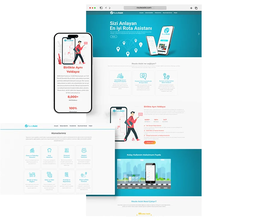 Route Asist web sitesi sayfaları ve mobil görünümü