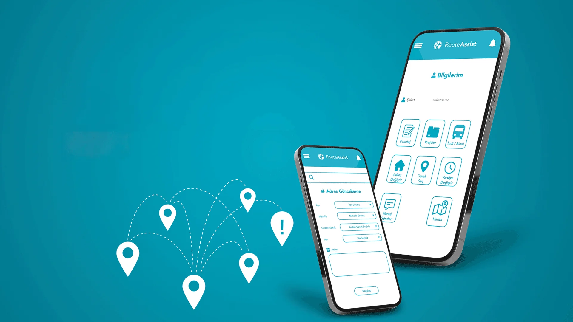 Route Asist mobil uygulaması iki telefon ekranında, turkuaz zemin üzerinde rota işaretleri