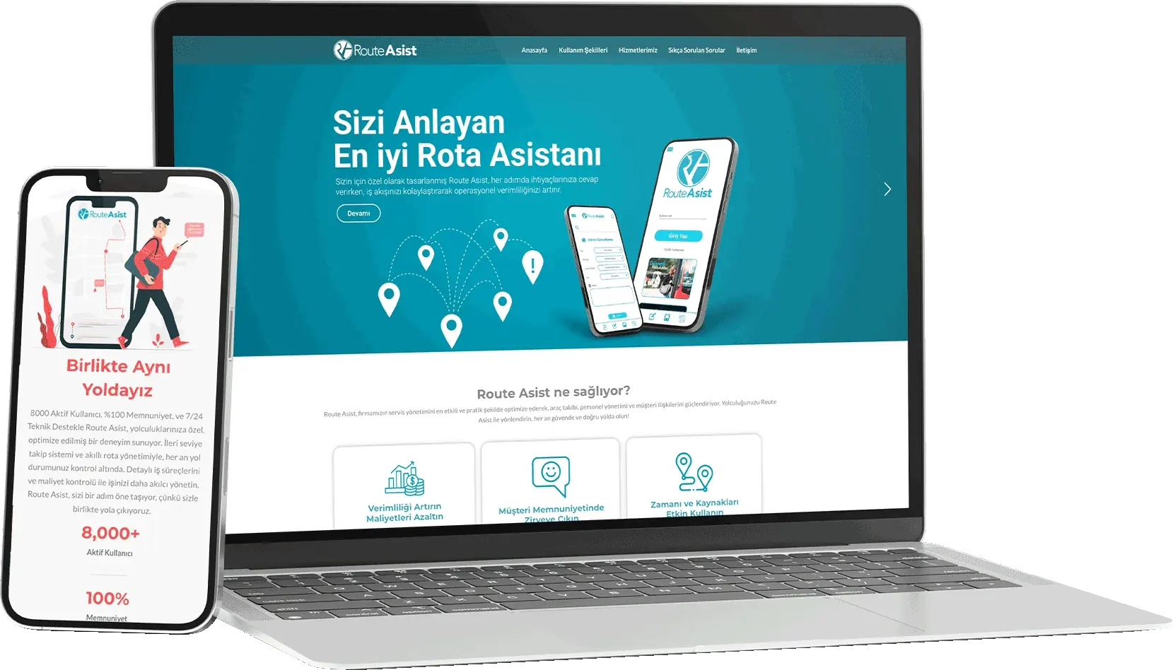 Route Asist web sitesi, dizüstü ve telefon ekranında