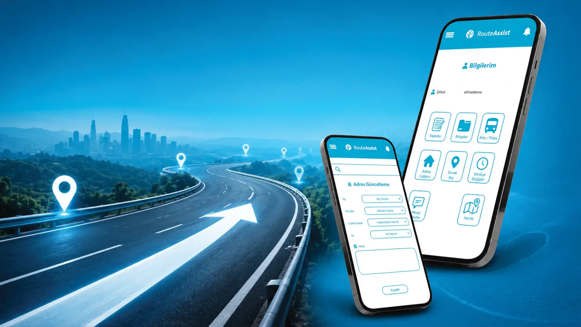 Konum işaretli kıvrımlı otoyol ve Route Asist uygulamasının iki telefon ekranı